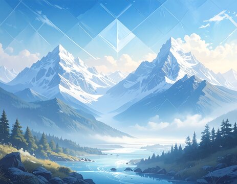 A serene mountain landscape with a tranquil lake.  Vast snow-capped peaks rise above a placid valley