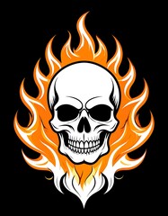 A human skull engulfed in vibrant orange and white flames, against a black background