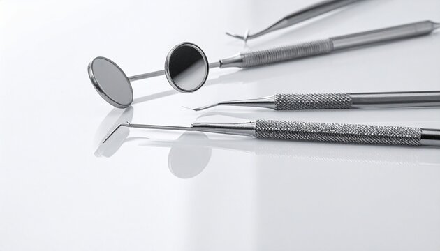 Dental tools—mirrors, explorer, tweezers—on white surface with soft lighting, evoking precision, hygiene, and the clinical choreography of care, reflection, and tactile expertise.