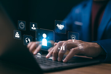 Businessman leveraging a digital network of essential business tools, connecting people, finance, data, and global logistics for innovation and growth through technology.