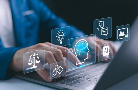 Embrace the future with AI. A person used a laptop, artificial intelligence, innovation, and digital transformation in business and technology. Brainpower, machine learning, and ethical solutions.