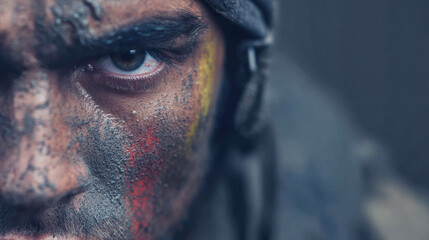 Soldier with painted face looks intensely into the camera during a training exercise in a military camp at dusk