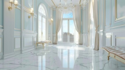 Elegant Light Blue Palace Room with Large Windows and Marble Floor