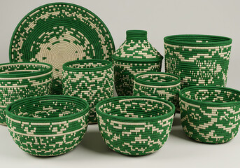 A collection of handcrafted woven baskets and containers in various sizes and shapes, featuring a green and beige pixelated pattern.