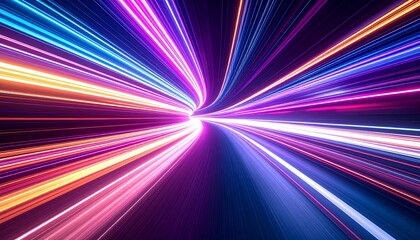 Multicolored light beams converging at center against dark backdrop—evoking velocity, energy, and the cosmic choreography of motion, tech, and futuristic ignition.