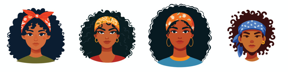 Avatar face of curly haired woman wearing bright colored bandana, dark skin, confident expression