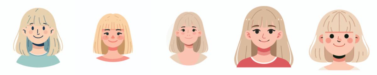 Female face avatar with center-parted bangs, blonde hair, pale skin, happy expression