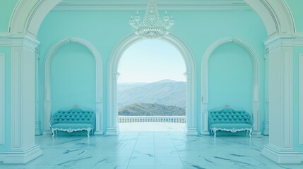 Elegant Light Blue Room with Large Window and Scenic Mountain View with Classic Furniture