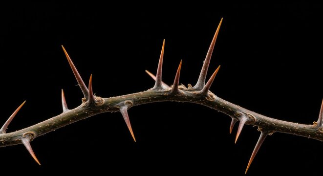 Thorny branch on black background. Concept of thorns for crown of thorns. Holy Week and Easter symbol.