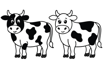Fototapeta premium Two Cartoon Cows Standing Side by Side in Black and White Outline