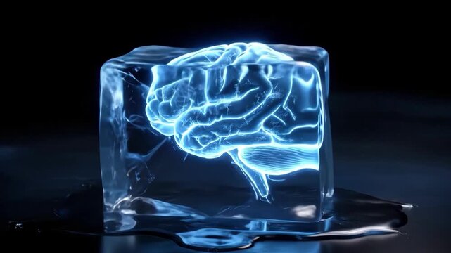 Brain Freeze: A conceptual rendering presents a glowing brain encased within an ice cube, suggesting the freezing of thoughts, ideas, or mental processes.