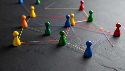 Obraz premium Colorful game pawns connected by multicolored strings on dark surface forming network