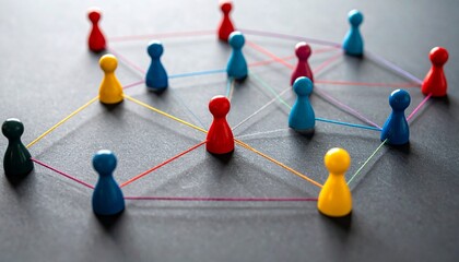 Colorful game pawns connected by multicolored strings on dark surface forming network