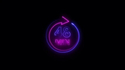 Glowing neon 48 Minute Clock Timer Animation. Stopwatch Icon in Flat Style. on black Background. Time Counter Animation .	
