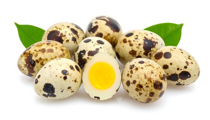 Obraz premium A cluster of speckled quail eggs, one halved to show the yolk, sits on a white background with green leaves
