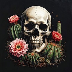 A human skull, realistically rendered, is surrounded by vibrant pink cacti blossoms and spiky green cacti against a dark background
