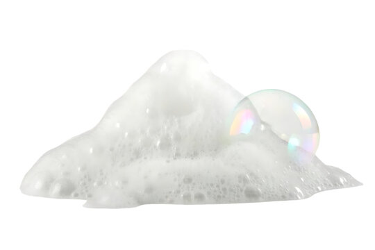 A fluffy white cosmetic foam or soap lather with air bubbles isolated on transparent background