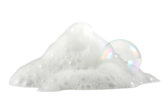A fluffy white cosmetic foam or soap lather with air bubbles isolated on transparent background