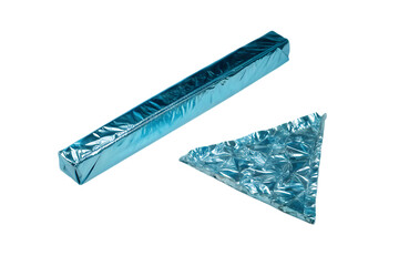 Two abstract geometric shapes made of shimmering blue textured material isolated on transparent background