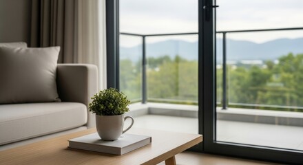 Fototapeta premium Potted Green Plant on Book atop Wooden Table near Cream Sofa and Balcony View