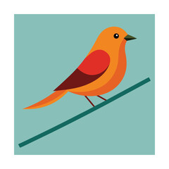 Orange Bird with Red Wing Detail on a Branch Keywords: bird, orange, red, perched, branch, flat