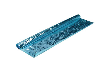 A crumpled piece of shiny blue cellophane plastic wrap with a reflective surface isolated on transparent background