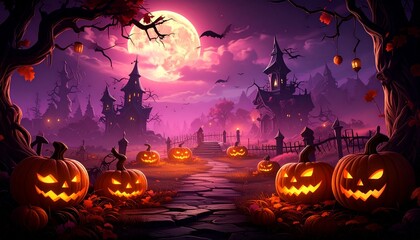 Pumpkin-headed witches with glowing eyes gather in haunted forest—full moon, bats, ghost, and jack-o'-lanterns evoke Halloween fantasy, eerie charm, and festive fear in vivid minimalist symbolism comp