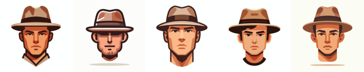 Avatar face of a short-haired man wearing a fedora hat, white skin, serious expression