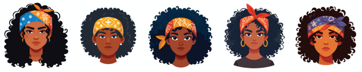 Avatar face of curly haired woman wearing bright colored bandana, dark skin, confident expression