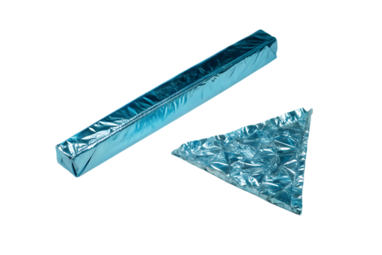 Two abstract geometric shapes made of shimmering blue textured material isolated on transparent background