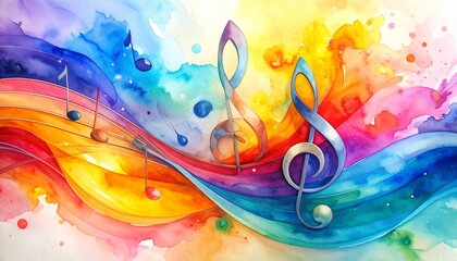 Colorful treble clef with flowing musical notes on vibrant watercolor background