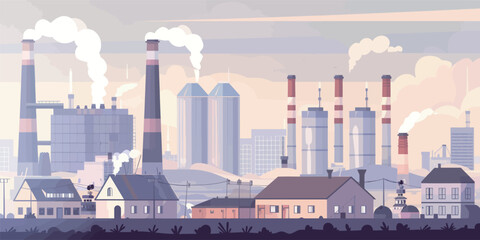 A serene view of a rural area featuring houses alongside large factories emitting smoke. The scene captures the contrast between industrial and residential life at dawn.