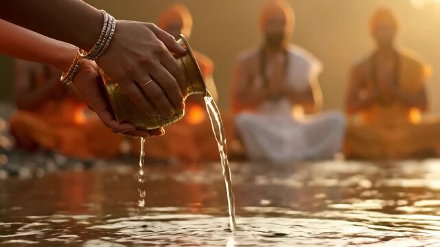 Kumbh Mela Ritualistic Water Offering in Prayagraj, India during the Maha Kumbh, a Spiritual Journey