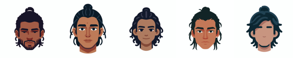 Male face avatar with long hair in a bun, dark skin, neutral expression