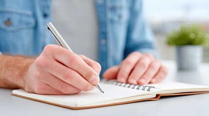 Close Up of Male Hand Writing in Open Notebook with Pen on White Table and Blurred Green Plant Background in Natural Lighting