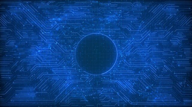 High-tech animation plexus circuit grid glowing blue, featuring central round element, for technology presentations, AI concepts, innovation, cybersecurity visuals, futuristic digital network themes. - Powered by Adobe