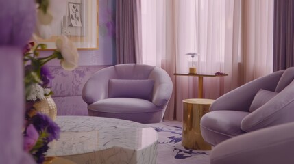Elegant Living Room with Soft Pink Curtains Purple Armchairs and Gold Accents