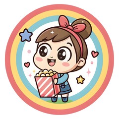 Colorful Chibi Cartoon Of A Popcorn Mix Bag With A Rainbow Grin And Cheerful Smile, Cute Kawaii Snack Character Full Of Fun, Perfect For Cinema, Party Snack, Dessert, And Caf&eacute; Designs