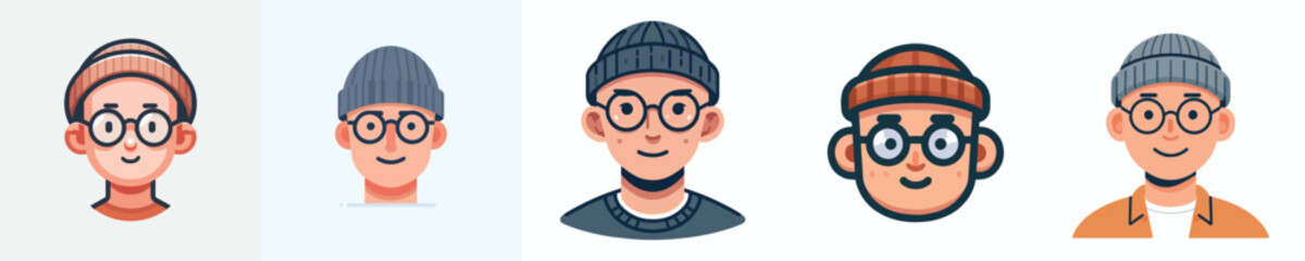 Obraz premium Avatar of a bald man's face wearing round glasses and a beanie hat, medium skin tone, smiling expression
