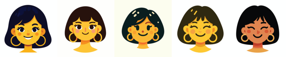 Avatar face of a woman with bobbed hair wearing large hoop earrings, yellow skin, cheerful expression