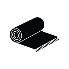 Black silhouette of a rolled up rug with fringed edges on a white background