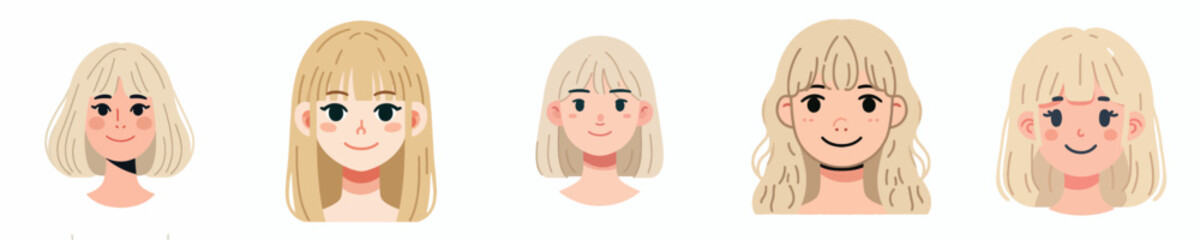 Female face avatar with center-parted bangs, blonde hair, pale skin, happy expression