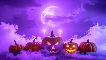 Four glowing jack-o'-lanterns line a misty path—purple sky, haunted castle, bats, and leafless trees evoke Halloween mystery, eerie charm, and festive suspense in minimalist seasonal symbolism composi
