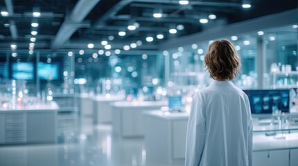 Woman in Lab Coat Standing in a Brightly Lit Research Laboratory with White Tables and Blue Accents