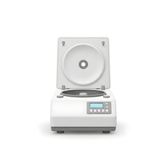 Modern laboratory centrifuge with open lid and digital display, essential for scientific research and medical diagnostics