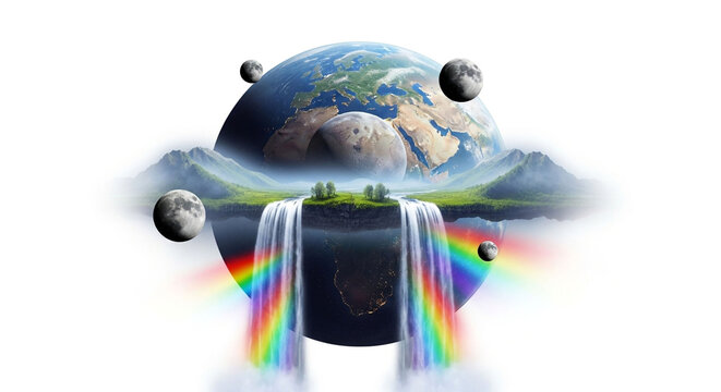 A surreal landscape with a floating island, waterfall, rainbow, earth, and moon on a white background, isolated on white background