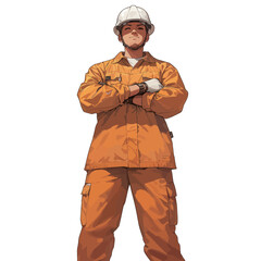 Obraz premium A confident worker dressed in an orange uniform and hard hat stands with arms crossed at a construction site. The scene showcases industrial professionalism and teamwork.
