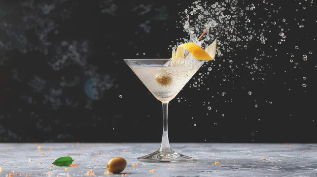 A green olive on a toothpick is dropped into a classic martini glass, causing a sophisticated, contained splash - Powered by Adobe