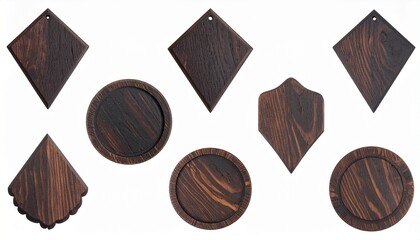 Six dark wood objects with distinct shapes and grain patterns on white background—evoking craft, identity, and the sculptural choreography of form, texture, and material memory.