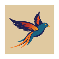 Stylized blue and orange bird in flight with spread wings